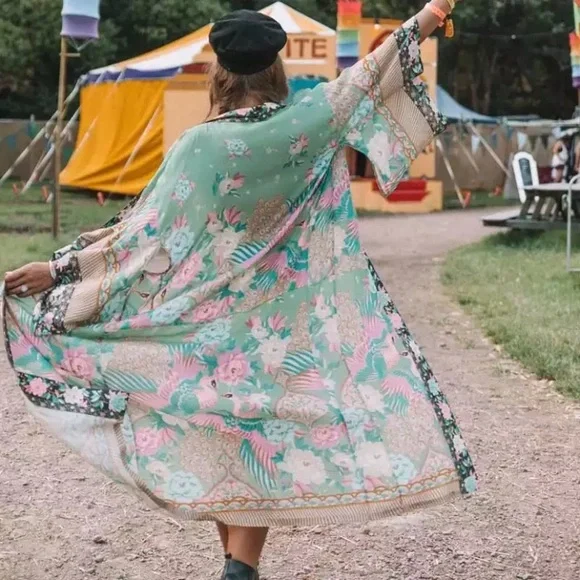 SOLD OUT Boho Peacock Feather Floral Kimono Duster Robe - Picture 2 of 9